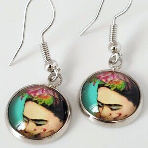 Vintage Frida Kahlo Image Earrings Drop 1/2" Diameter